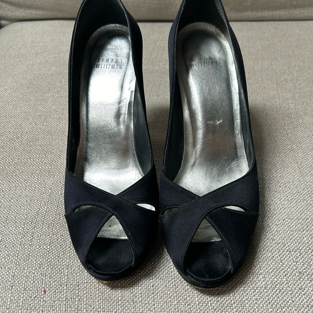 Stuart Weitzman satin black Peep toe pumps size 9